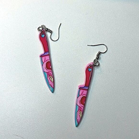 Pink Skull Print Butcher Dangling Earrings - Picture 4 of 10